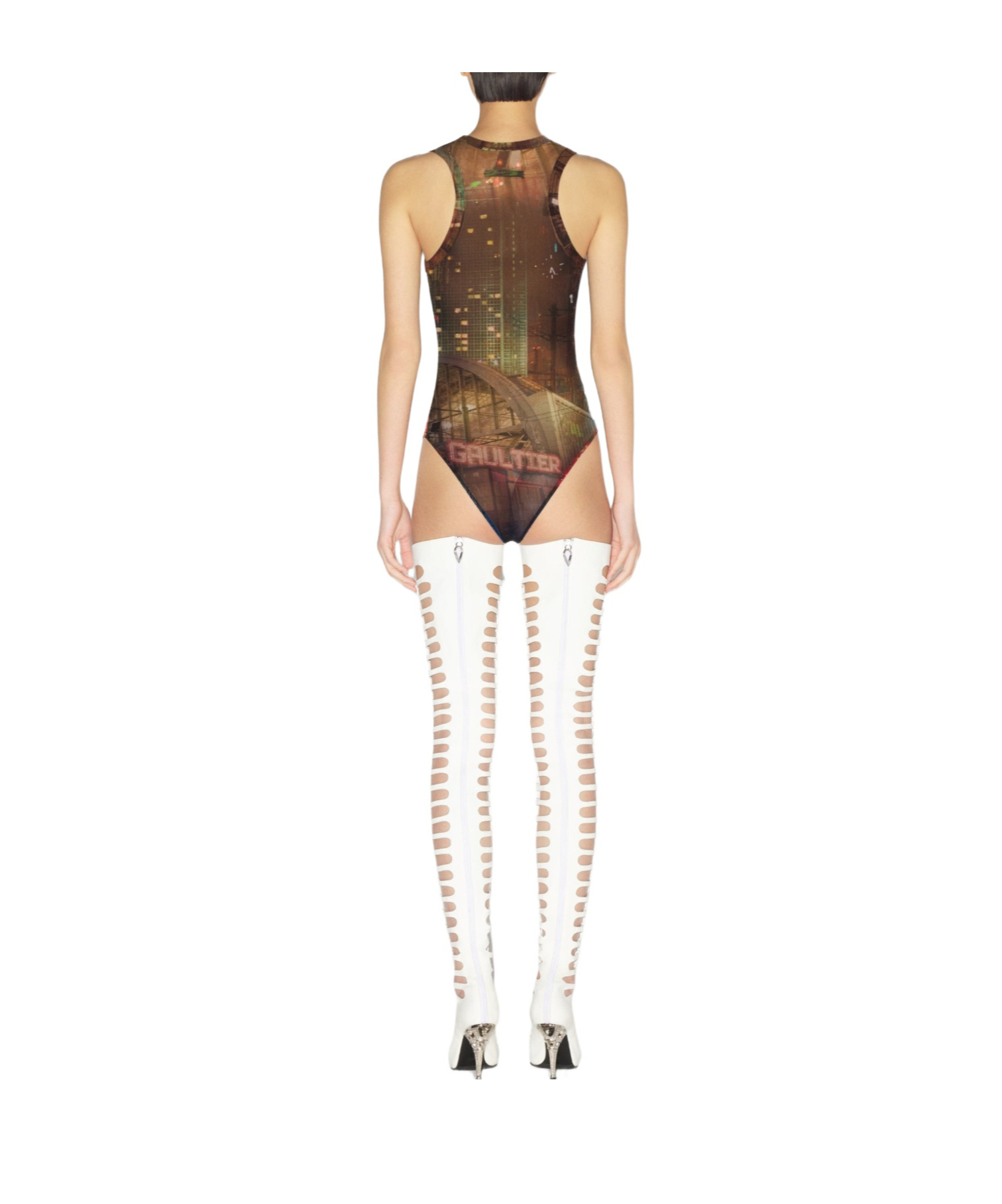 JEAN PAUL GAULTIER SHEER MESH PRINTED BODYSUIT