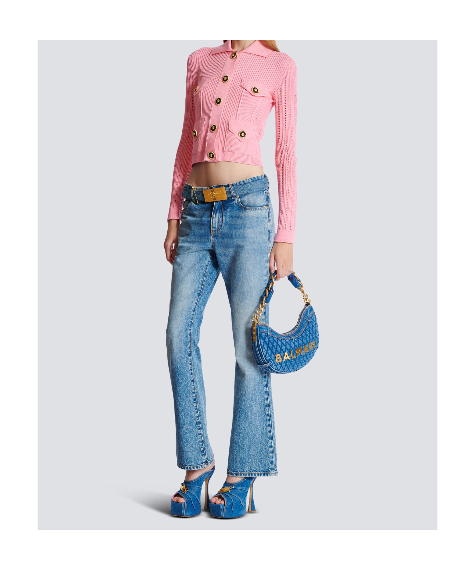 Balmain Perforated Knit Short Cardigan With Patch Pockets In Pink