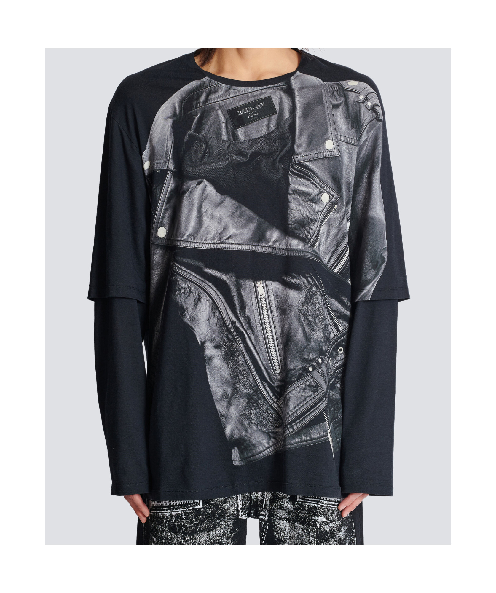 Balmain Motorcycle Jacket Printed Long-sleeved T-shirt In Black