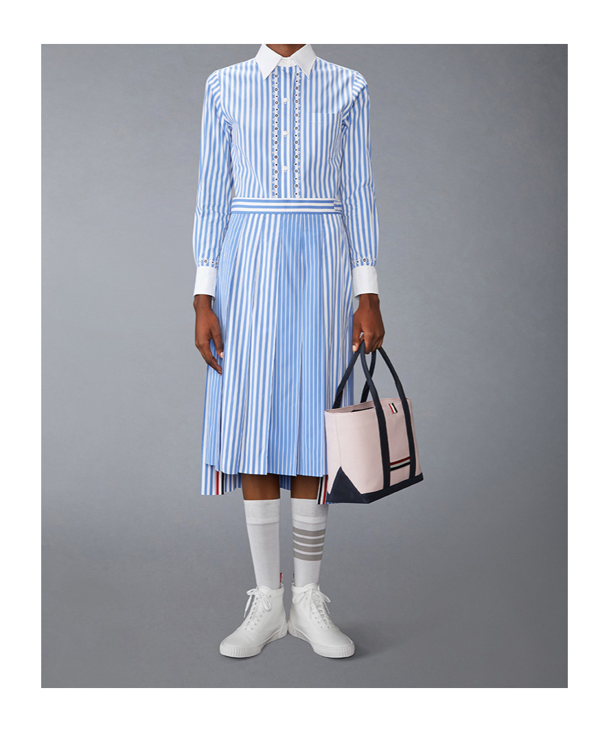 Thom Browne Pleated Striped Midi Skirt In Blue