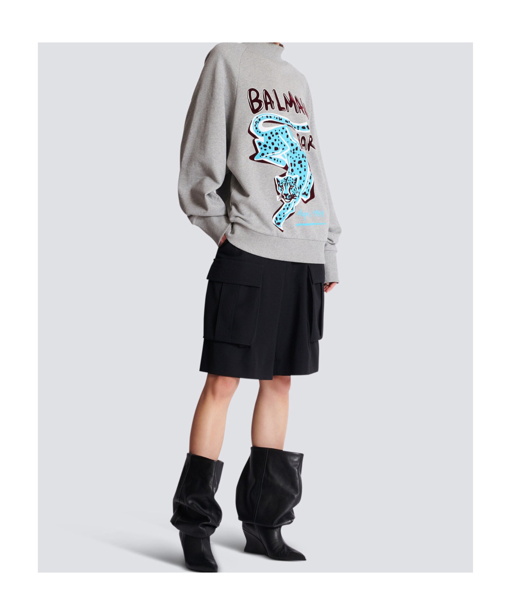 Balmain Cheetah-print Turtleneck Sweatshirt In Gray