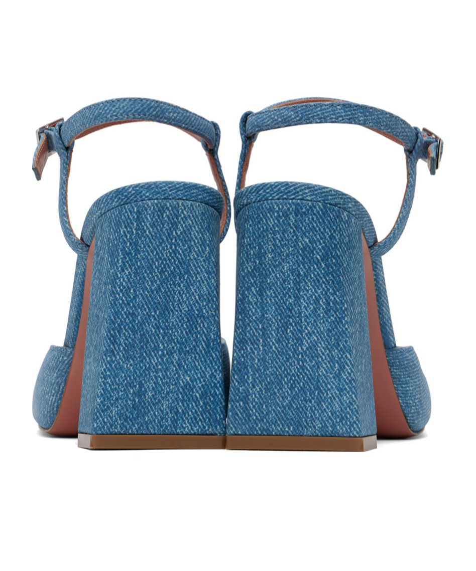 Shop Amina Muaddi Suede Printed Denim Heel Sandals In Blue