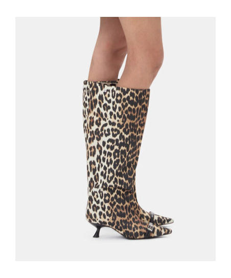 Ganni Slouchy Pointed Toe Kitten Heel Knee High Boot In Animal Print