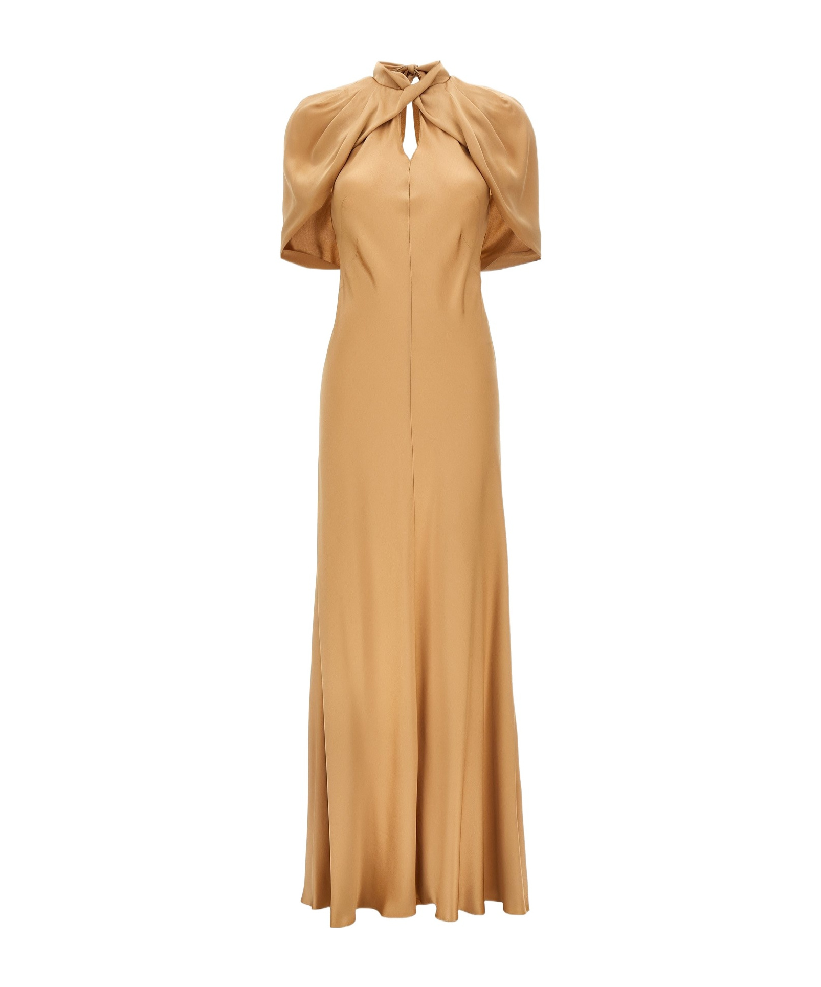 Alberta Ferretti Satin Long Dress Draped Sleeves In Nude