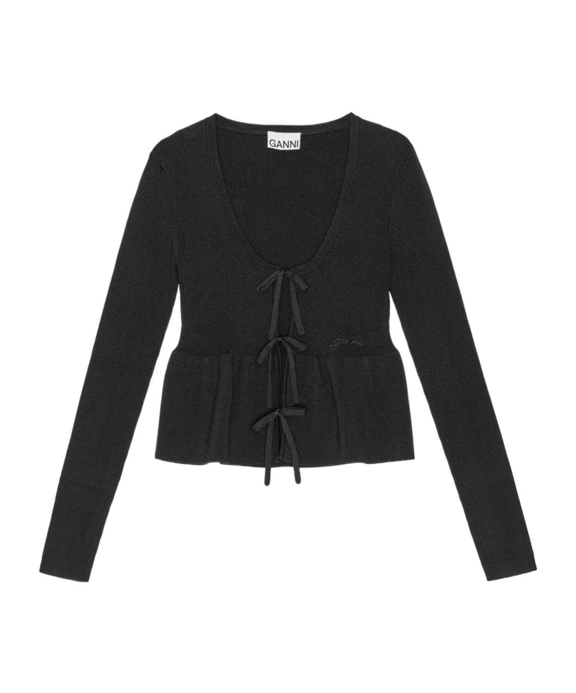 Shop Ganni Black Rib Knit Tie String Cardigan