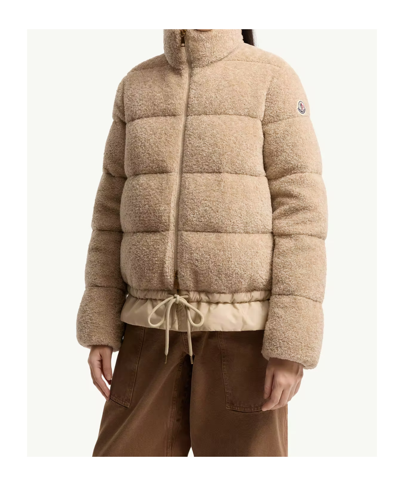 Moncler High Collar Padded Jacket Drawstring Hem In Neutral