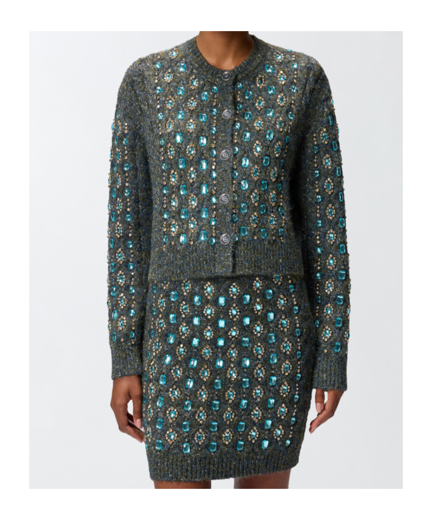 Pinko Knitted Muline Cardigan With Jewel Applications In Gray