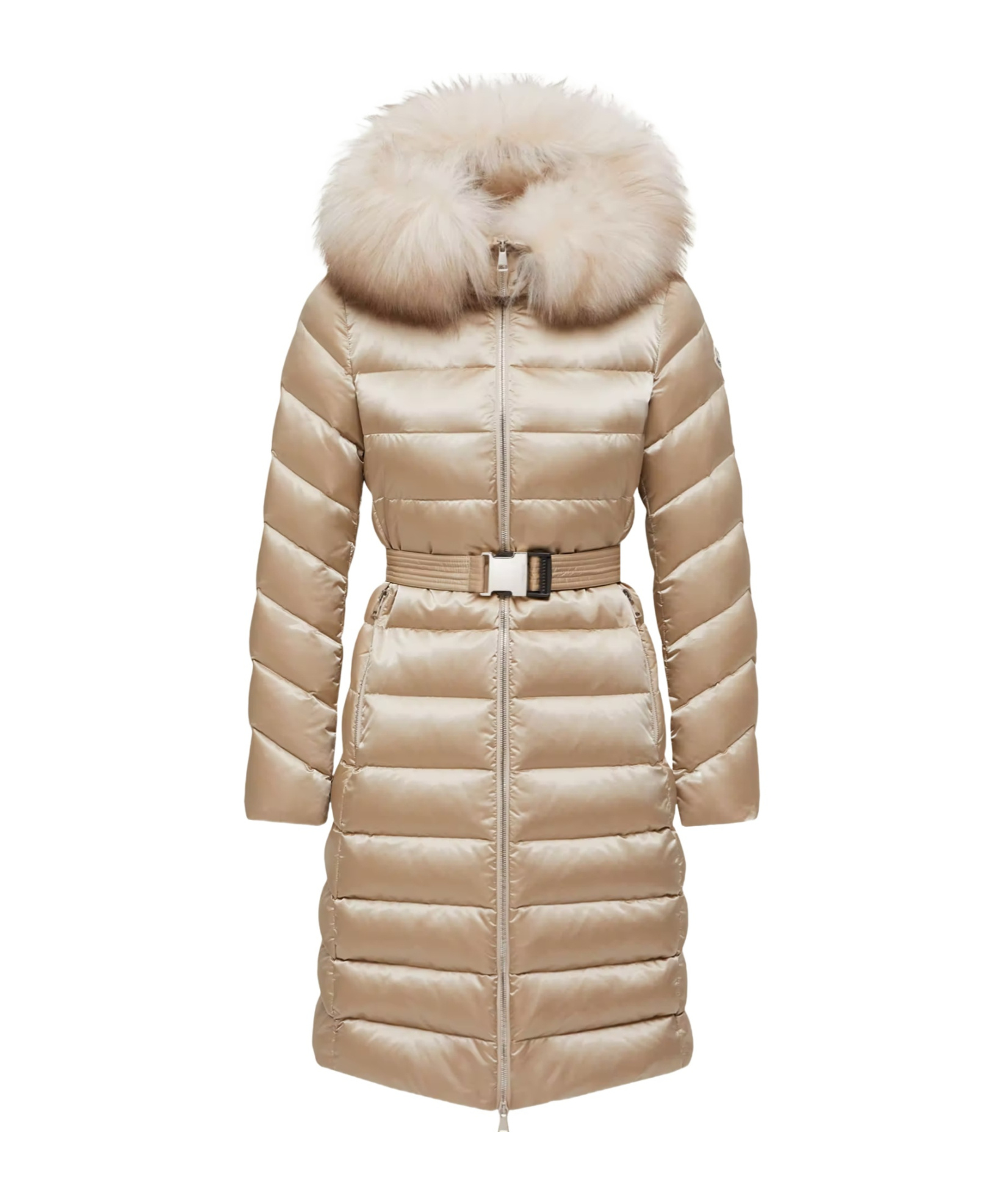Moncler Leersie Hooded Shearling-trimmed Long Down Jacket In Neutral