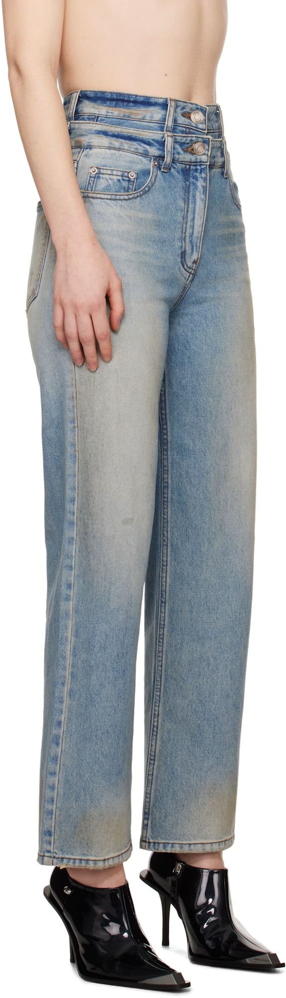 Juunj Blue Double Waist Dirty Jeans In Blue