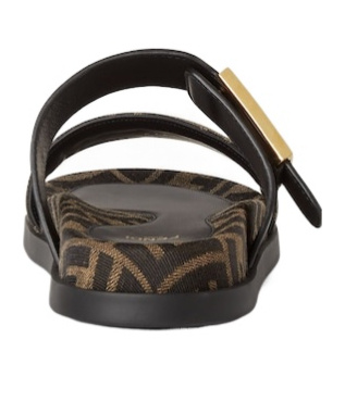 Fendi Black Leather And Brown Ff Fabric Slides In Black