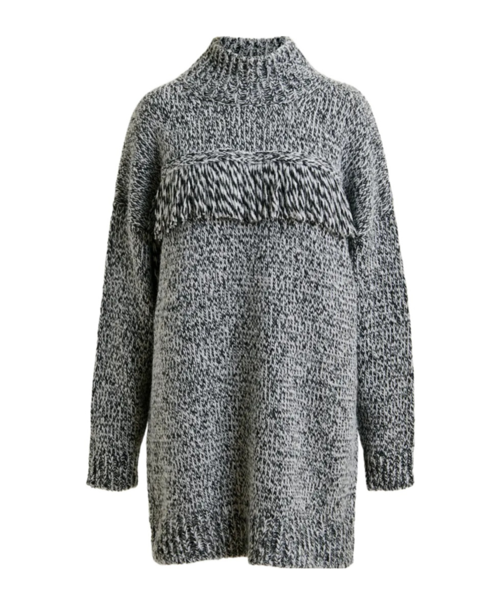 Essentiel Antwerp Grey And Black Wool-blend Sweater With Fringe Details In Gray