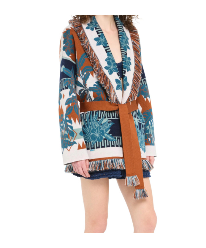 Alanui Long Floral Cardigan With Fringe Shawl Collar In Brown