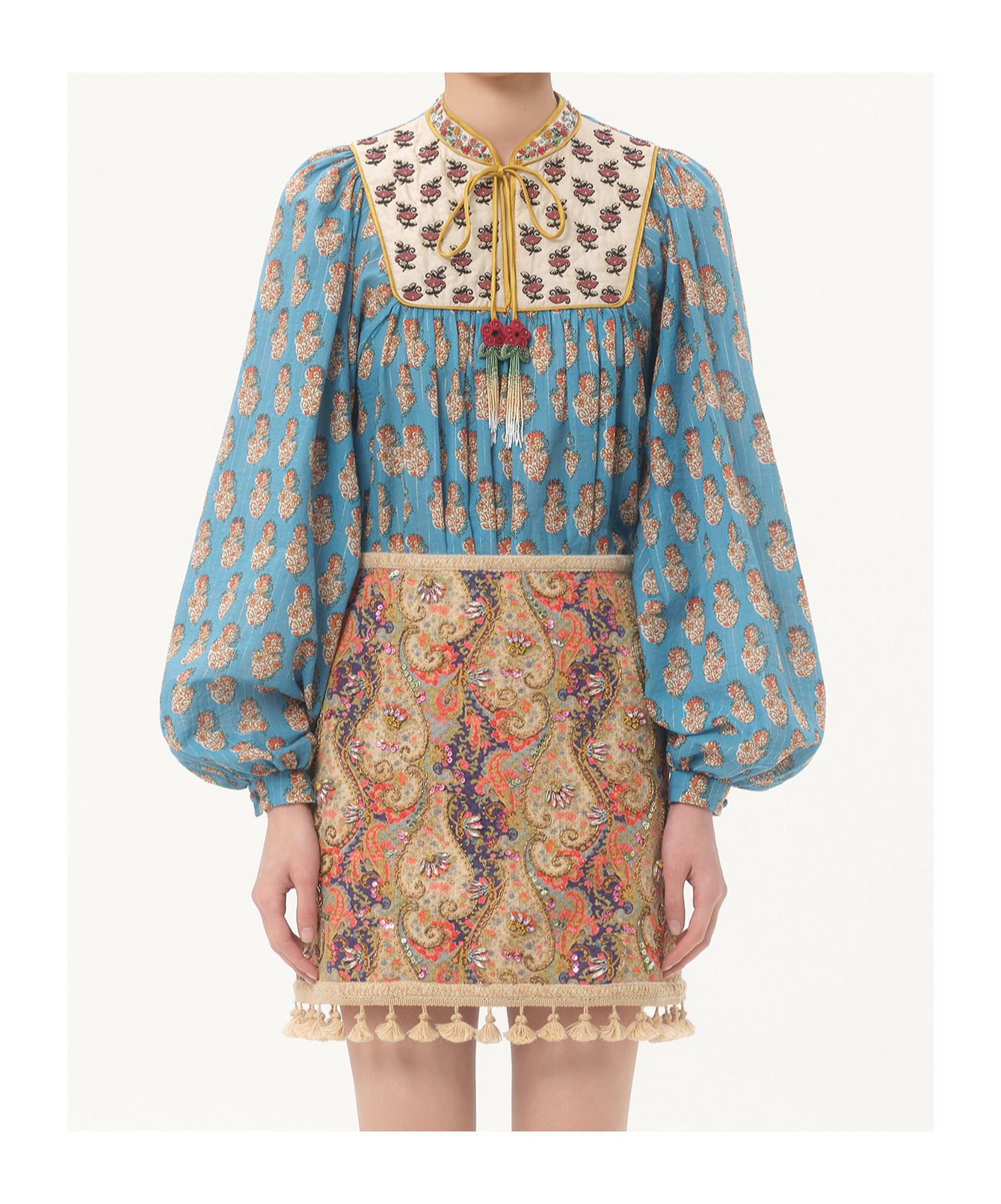 Valentino Beaded Pinstripe Floral-print Blouse In Green