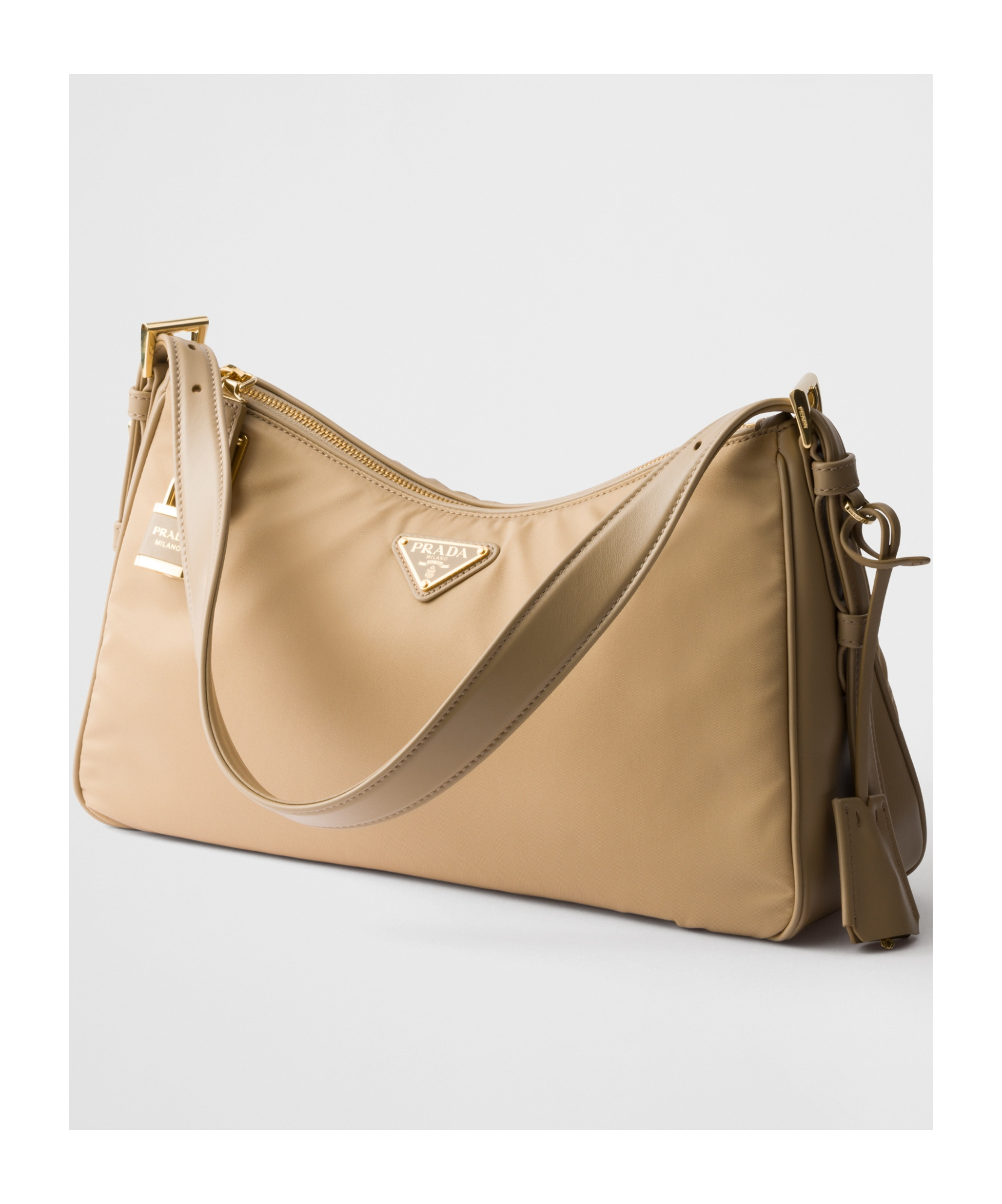 Prada Aimée Large Re-nylon And Leather Shoulder Bag With Padlock In Camel Brown