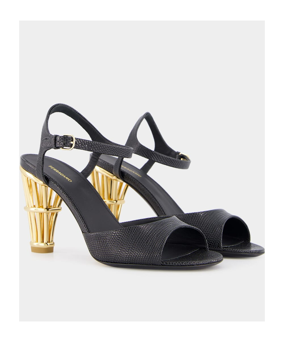 Ferragamo Nikla 85 Cage-heel Sandals In Lizard Print Leather In Black