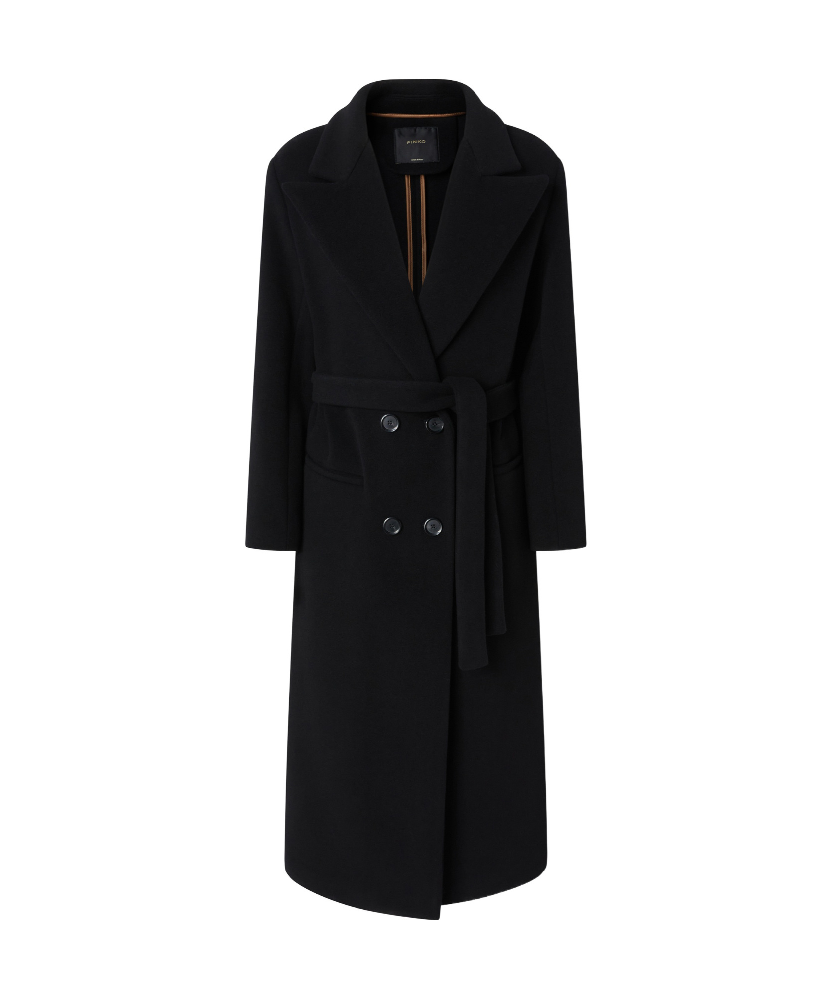 Pinko Long Double-breasted Coat With Matching Belt In Black