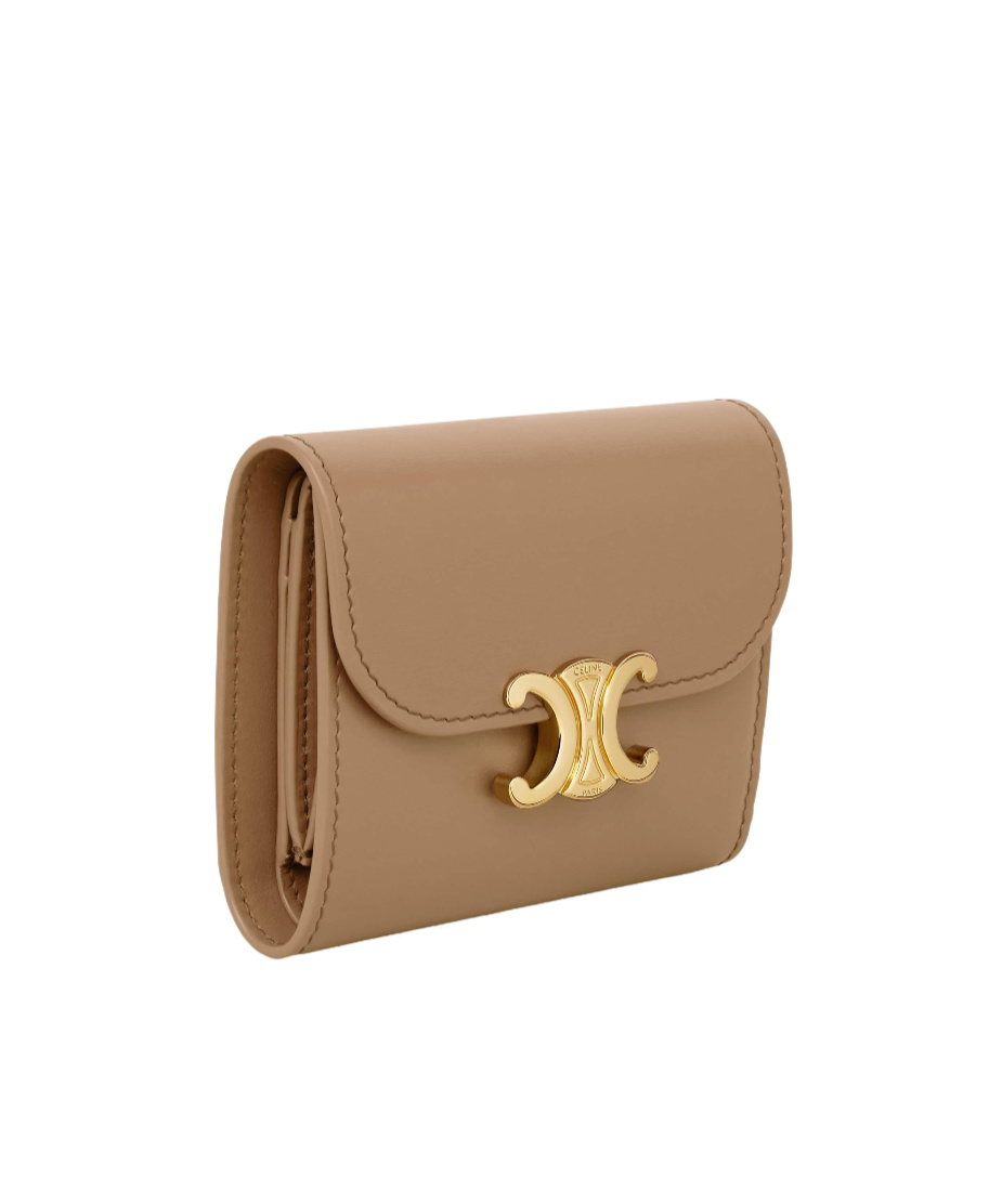 Celine Card Holder With Flap Triomphe In Shiny Calfskin In Dark Tan