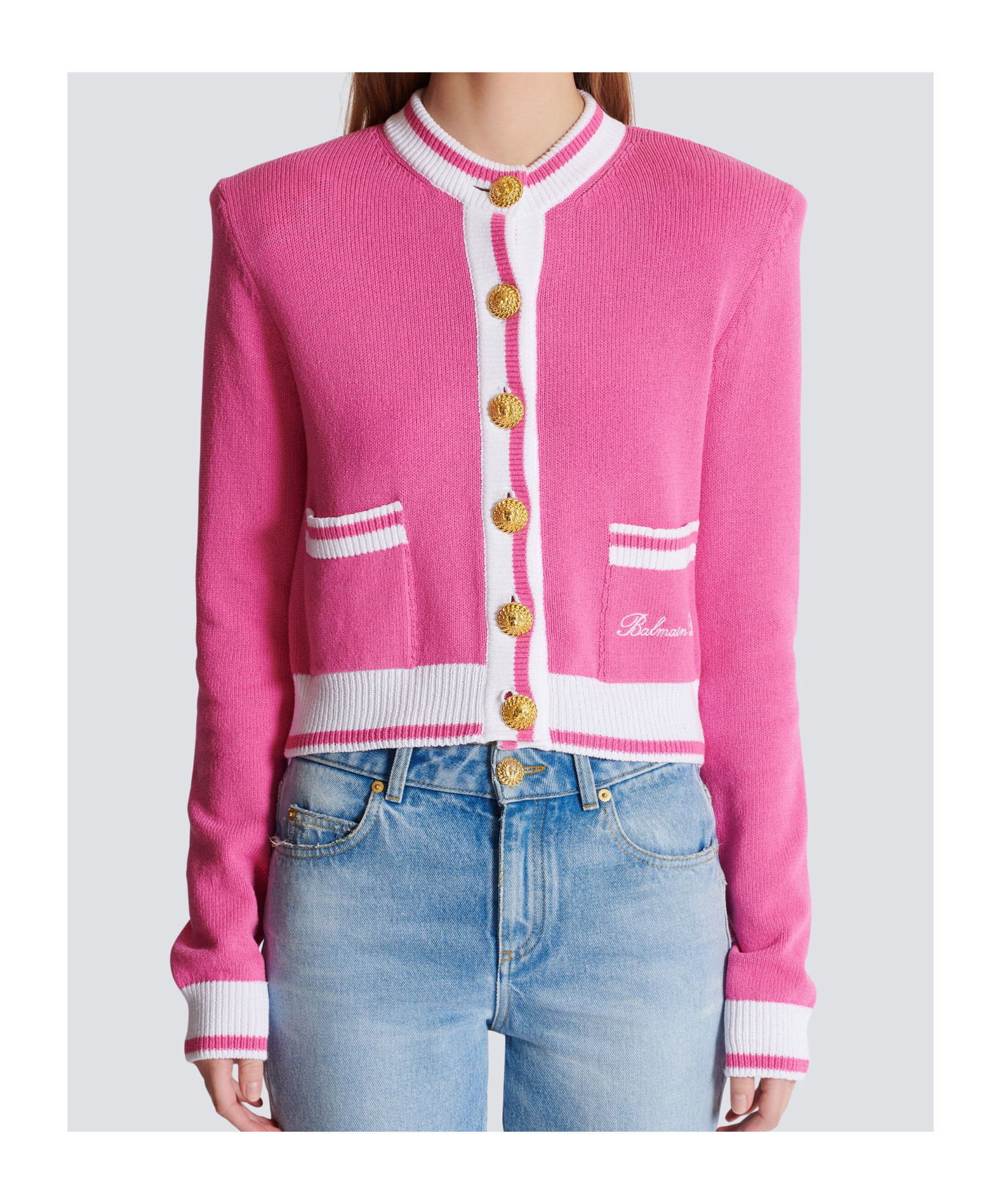Balmain Strong-shoulder Signature Buttoned Knit Cardigan In Pink
