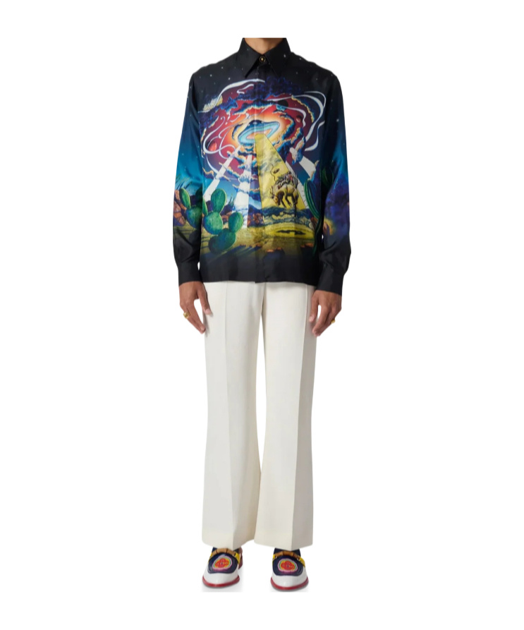 Casablanca Black Long-sleeve Shirt With Graphic Print In Silk Man In Multi