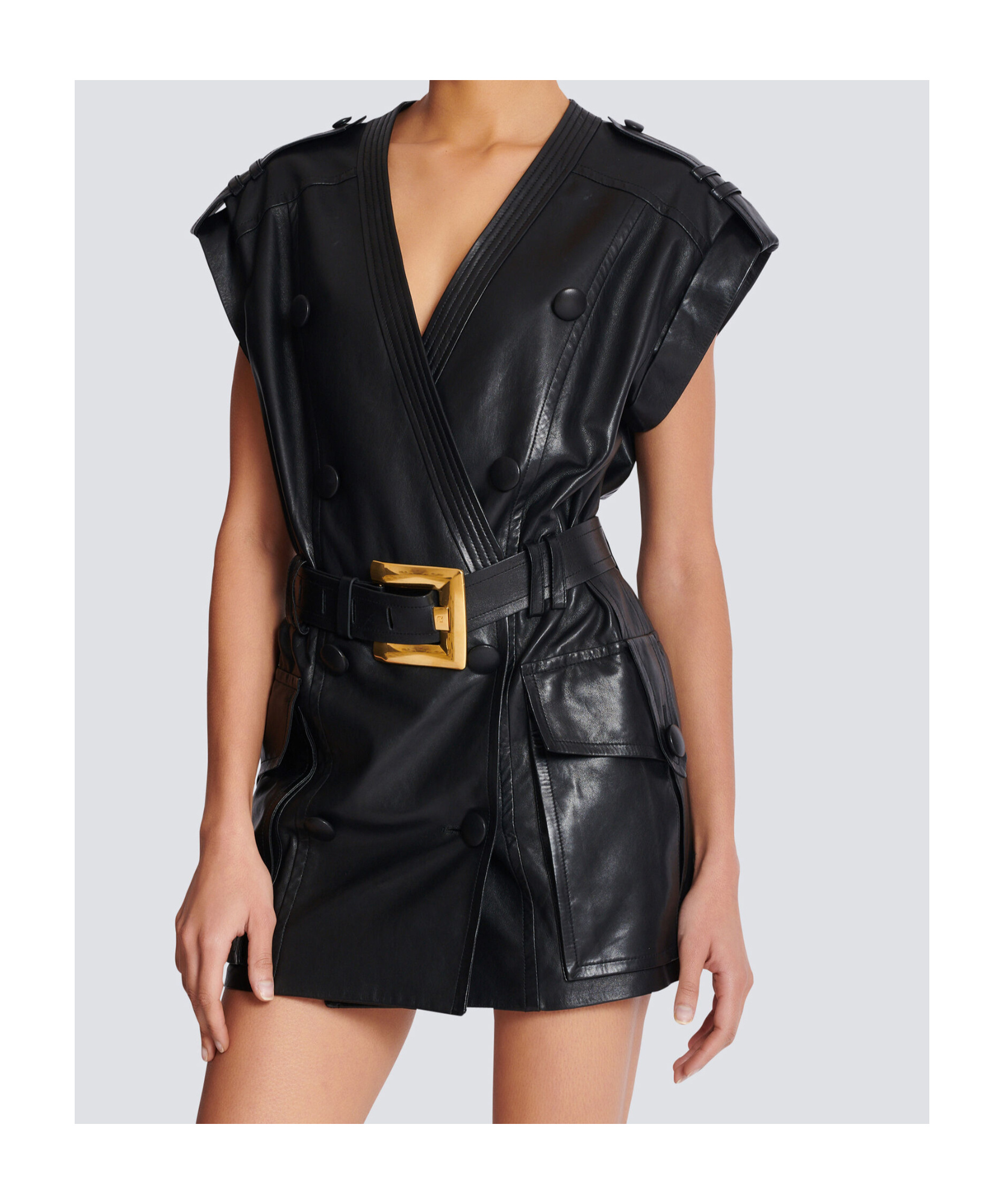 Balmain Lambskin Leather Short Belted Dress In Black