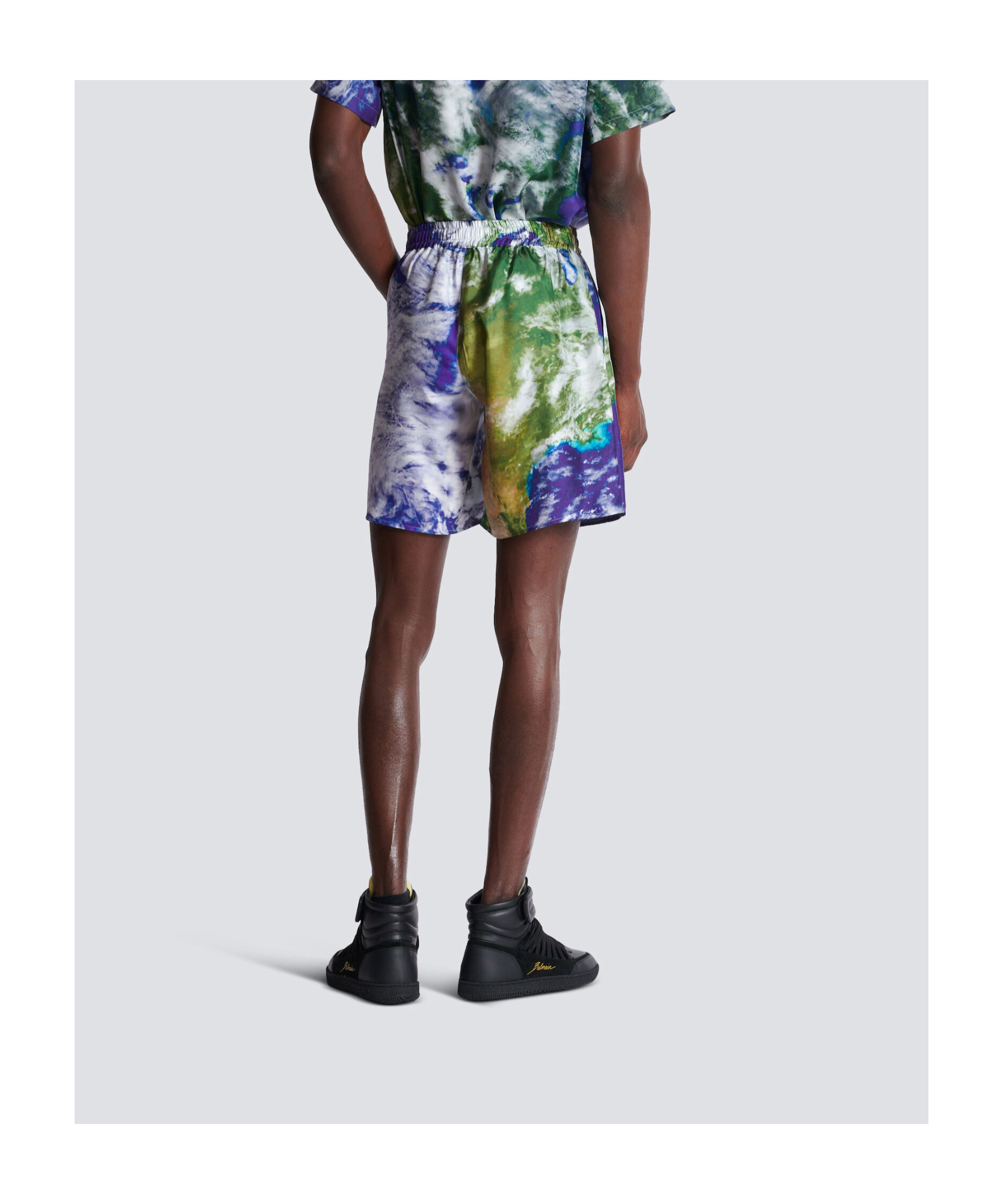 Shop Balmain Silk Shorts With Earth Print In Blue