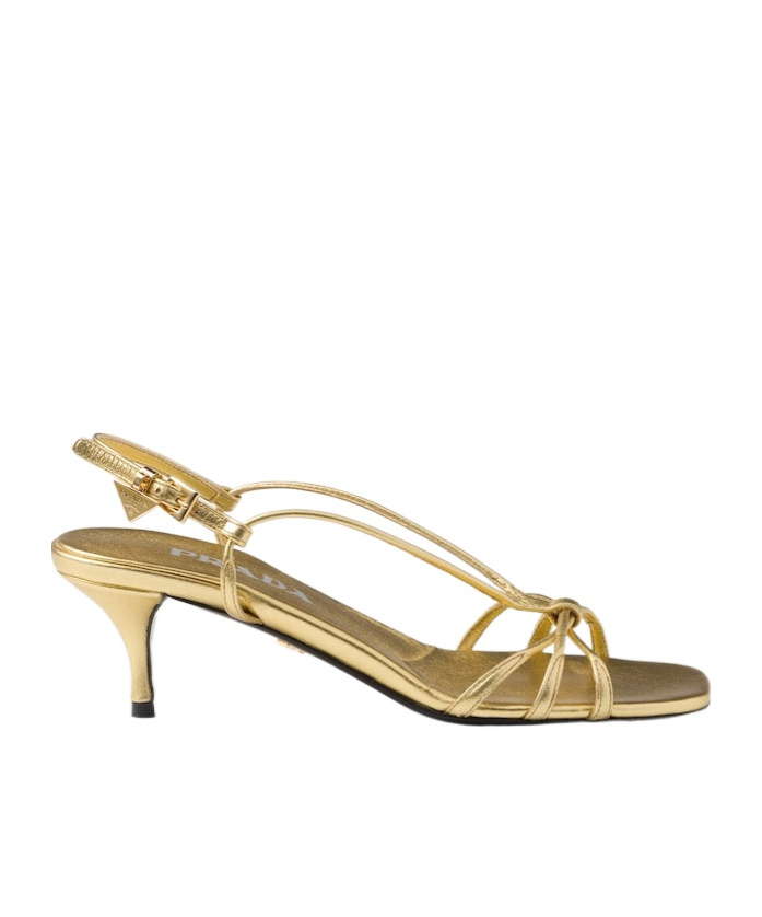 Prada Leather Kitten Heel Sandals With Metallic Finish In Golden