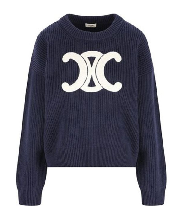 Celine Women Ribbed Wool Crew-neck Sweater In Blue