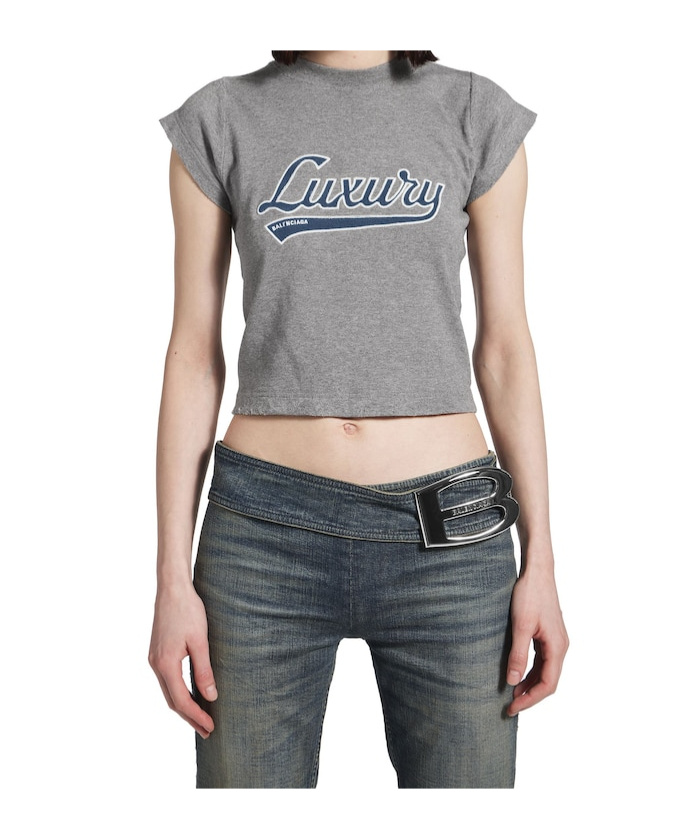 Balenciaga Women's Luxury Script Shrunk T-shirt In Dark Heather Grey/blue In Multi
