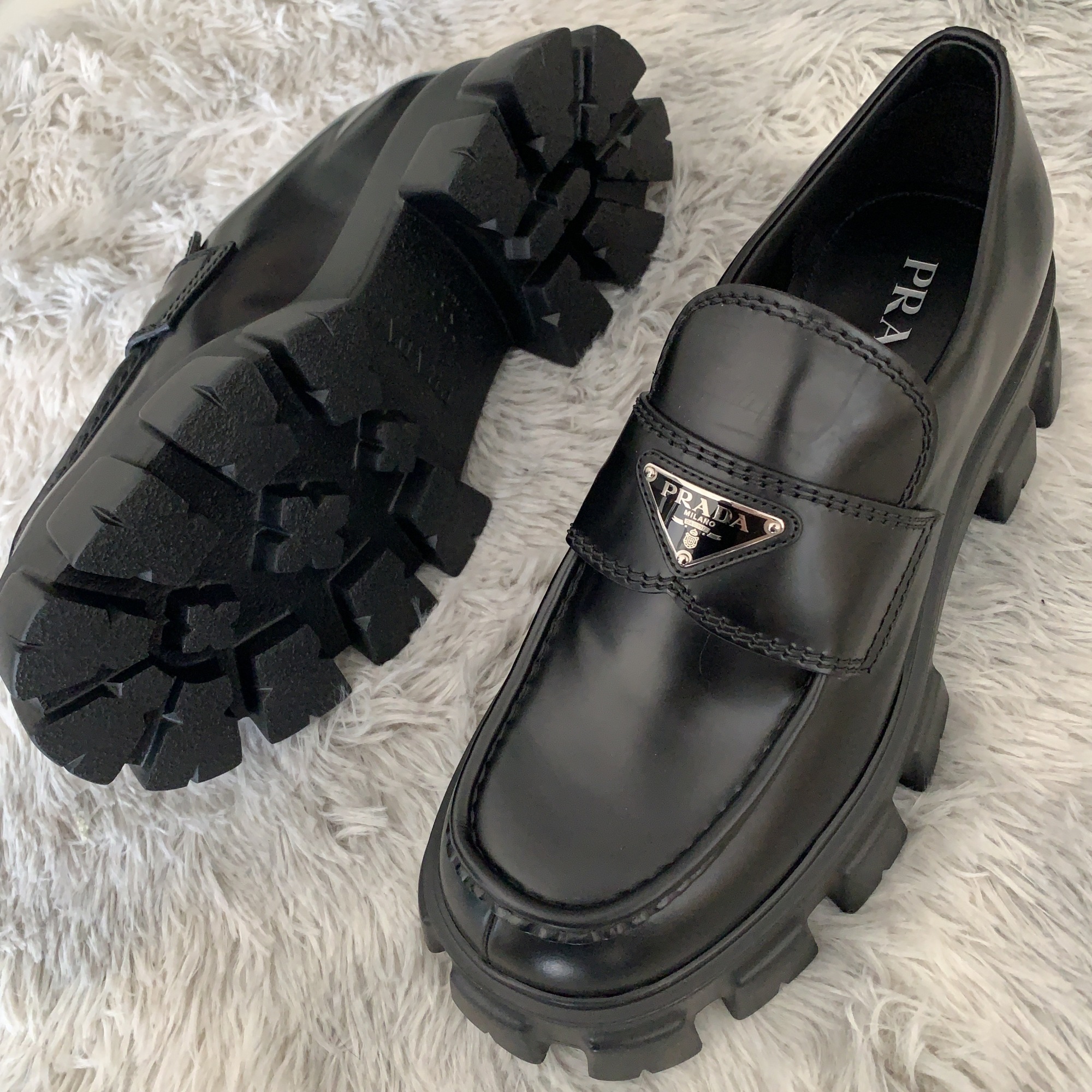 Prada Monolith Patent Leather Flatform Loafers In Black