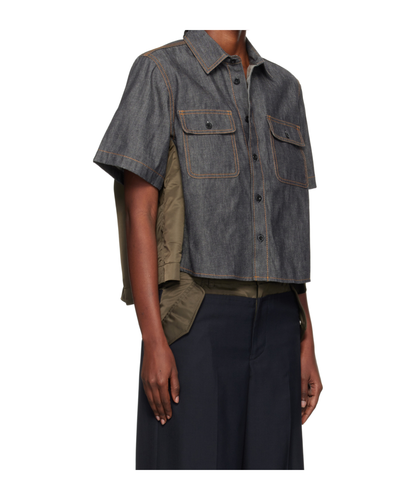 Sacai Double-pocket Denim Shirt In Gray