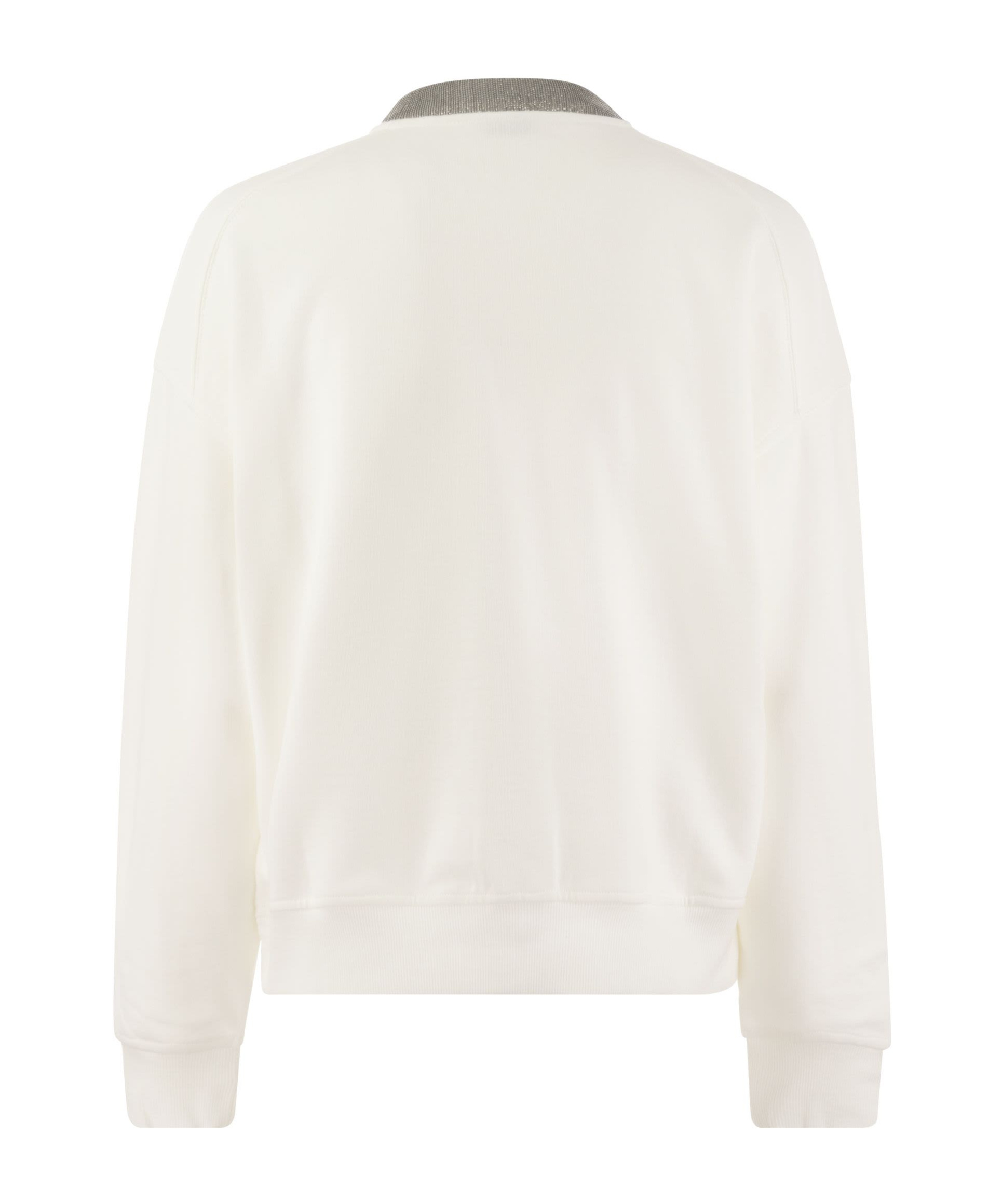 Brunello Cucinelli Women Smooth Cotton Fleece Topwear With Ribbed Collar Precious In White
