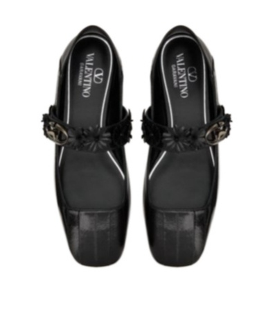 Valentino Garavani Vlogo Locker Mary-jane Ballerina In Eel With Flower Application Woman Black 37.5 In Black