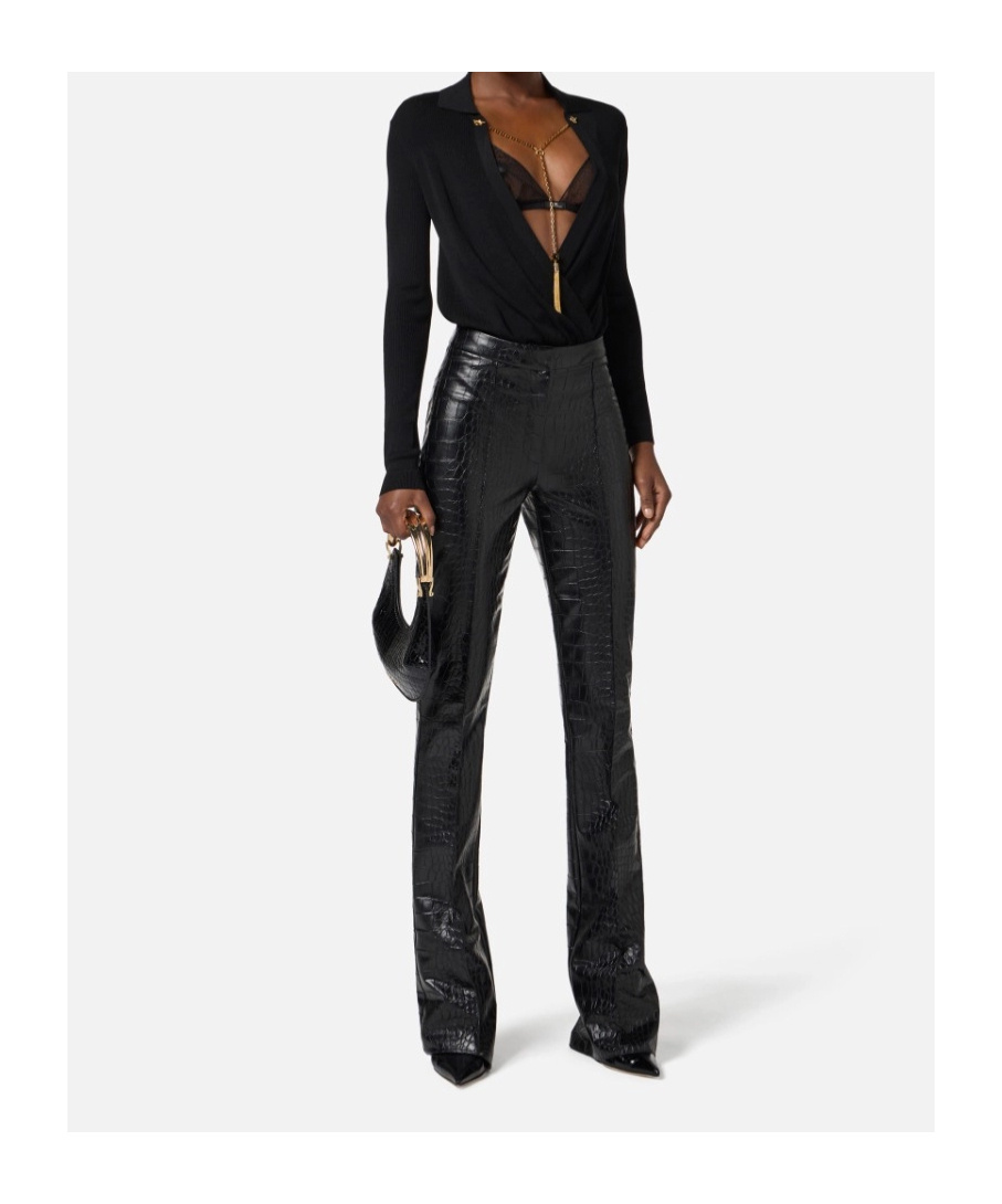 Elisabetta Franchi High Waisted Flared Trousers With Crocodile Effect In Black
