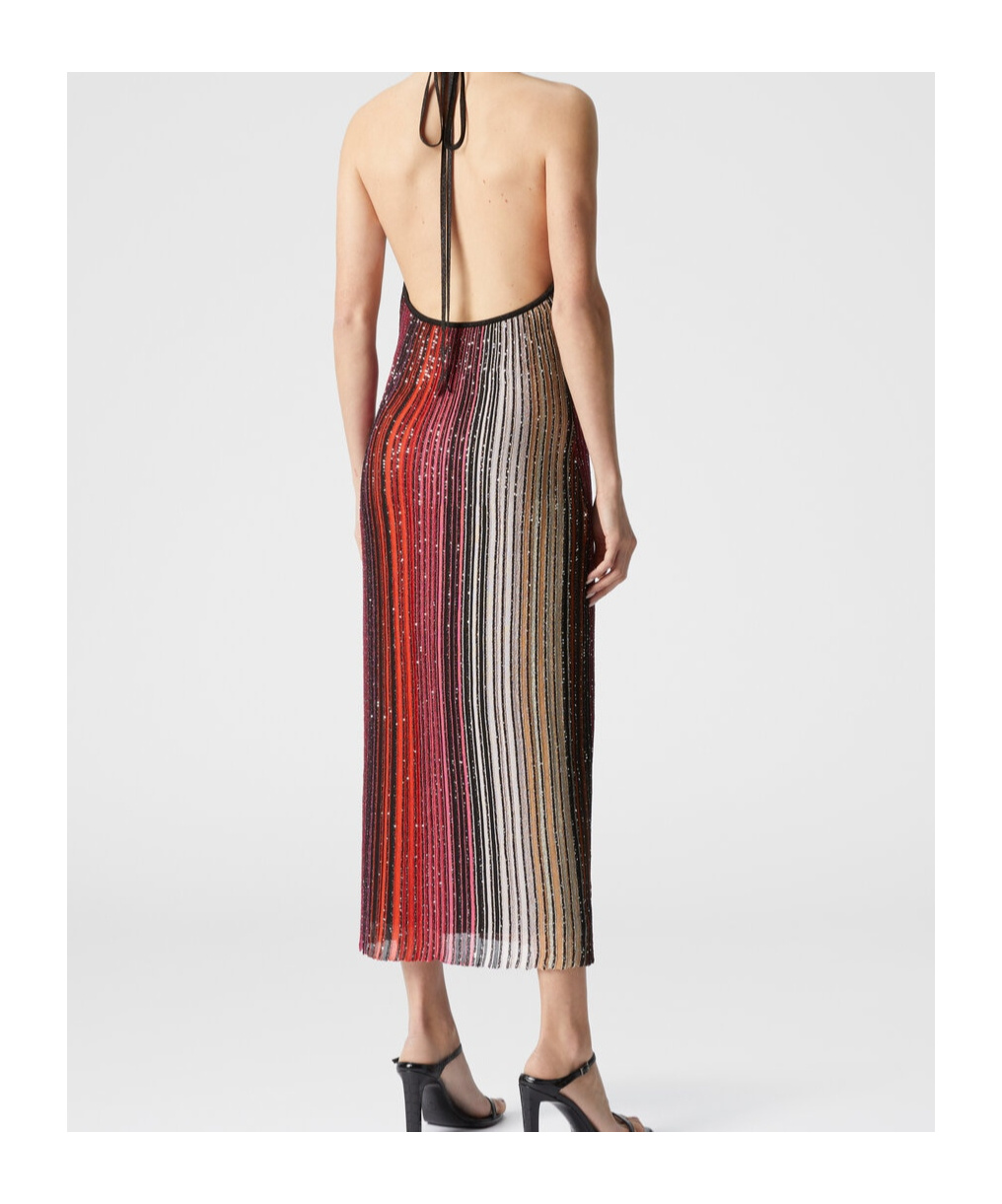 Missoni Striped Partialized Midi Dress With Sequins And V-neck In Black And Red