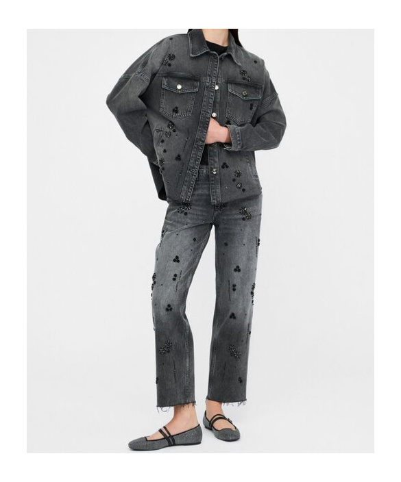 Liu •jo Straight-leg Denim Trousers With Rhinestones In Gray