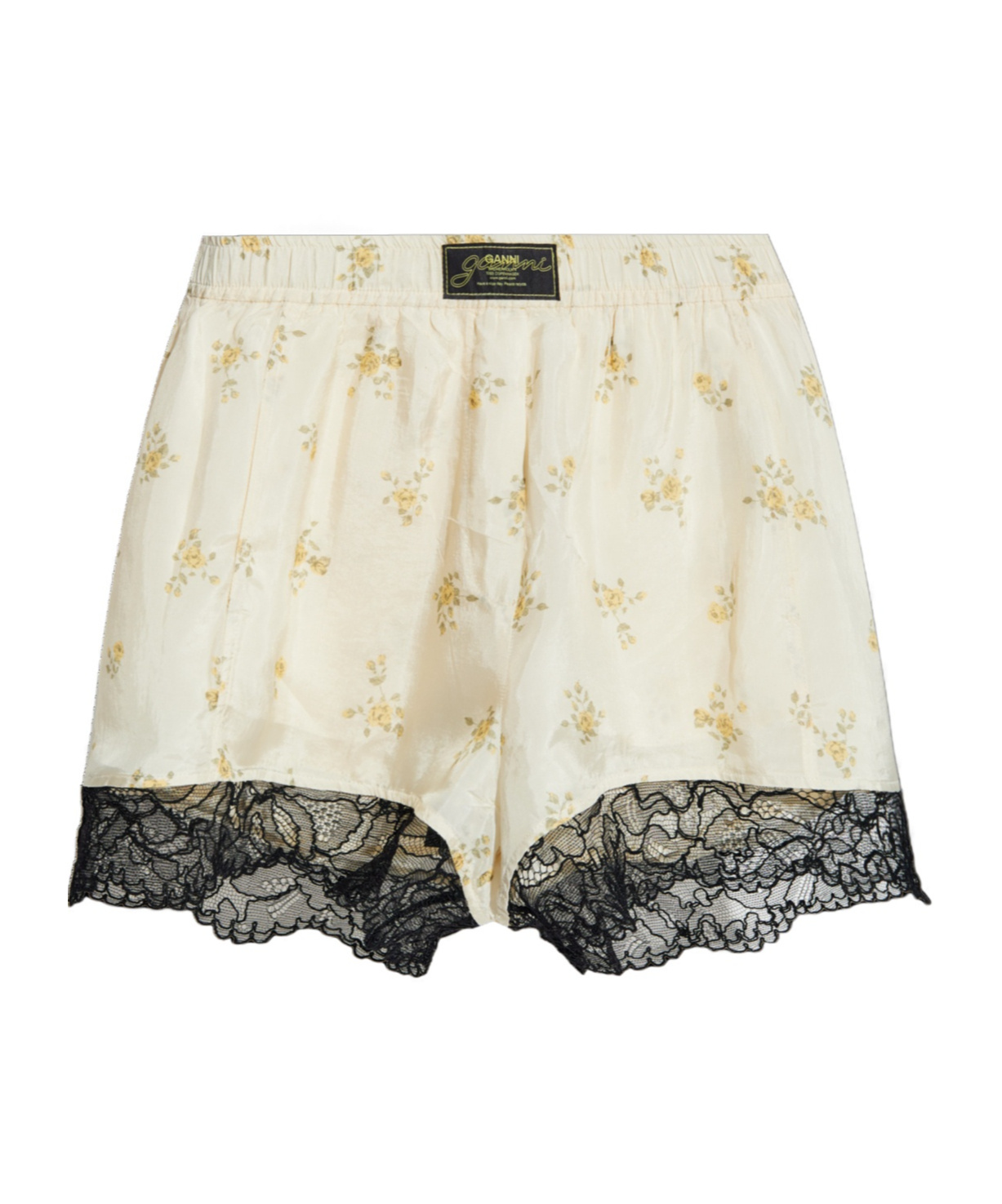 Ganni Womens Antique White Floral-print Lace-trim Woven Shorts In Yellow