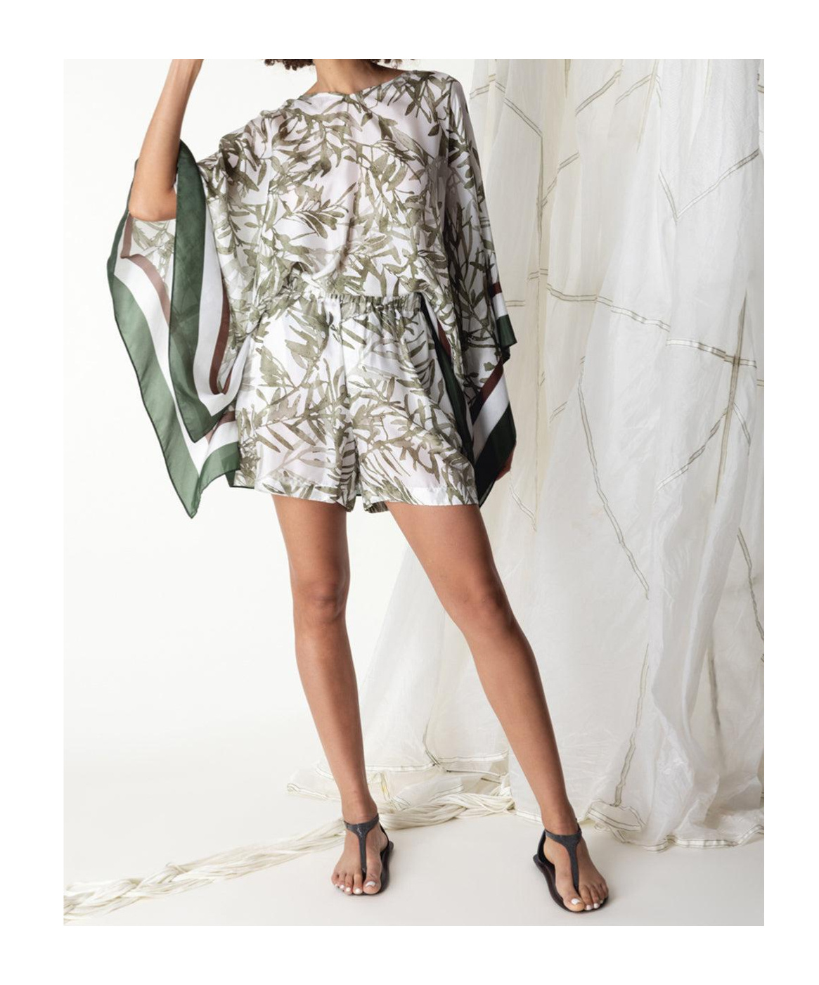 Brunello Cucinelli Silk Pongee Herbarium Print Blouse In White