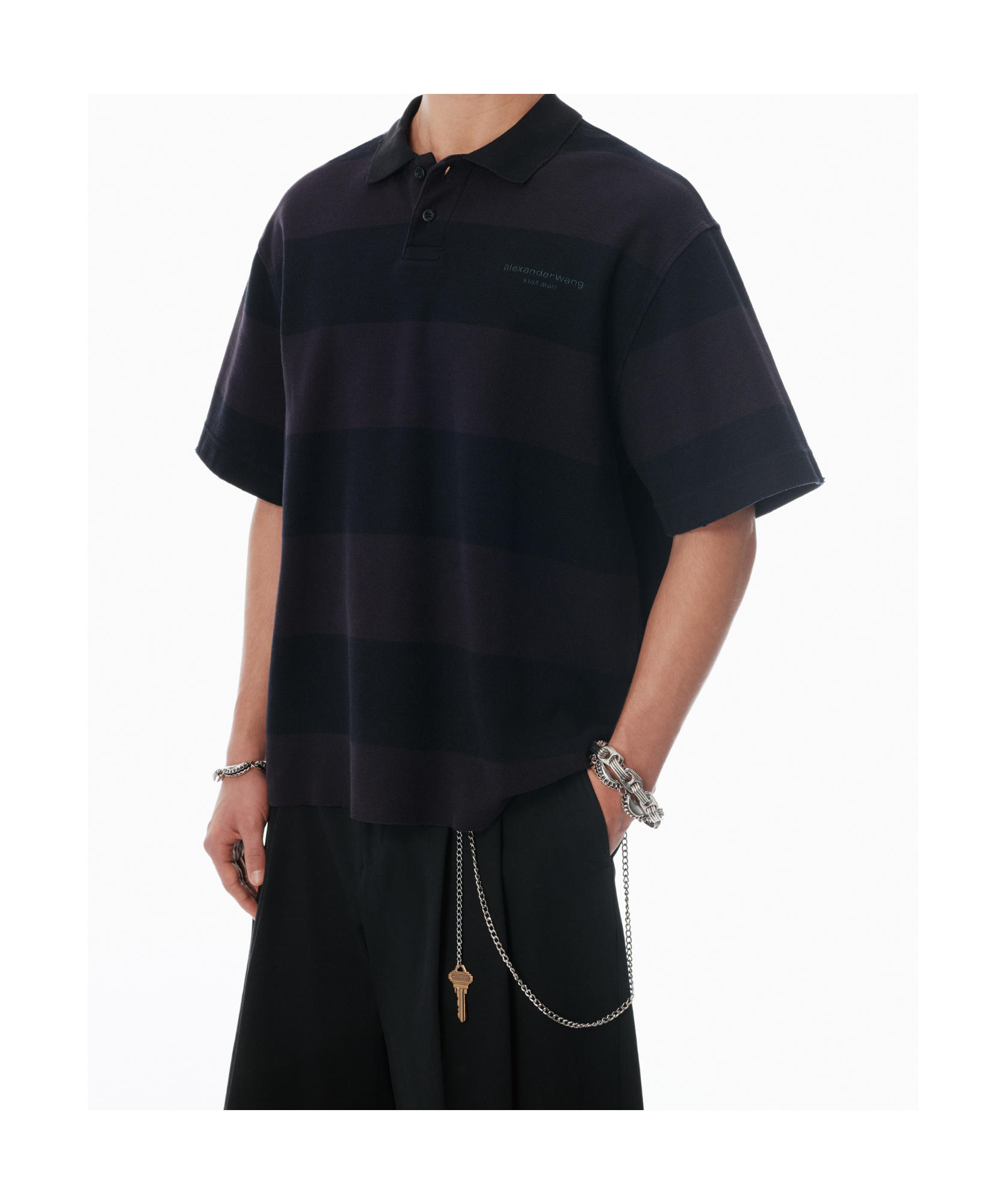 Alexander Wang Marina Striped Piqué Polo Shirt In Black