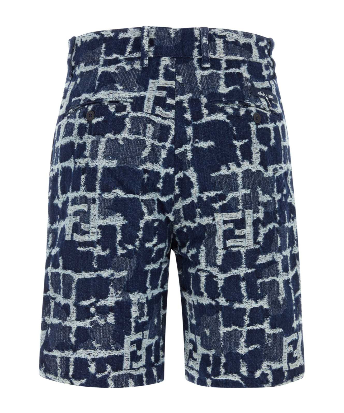 Fendi Blue Bermuda Shorts With Ff Print In Cotton And Linen Man In Blue