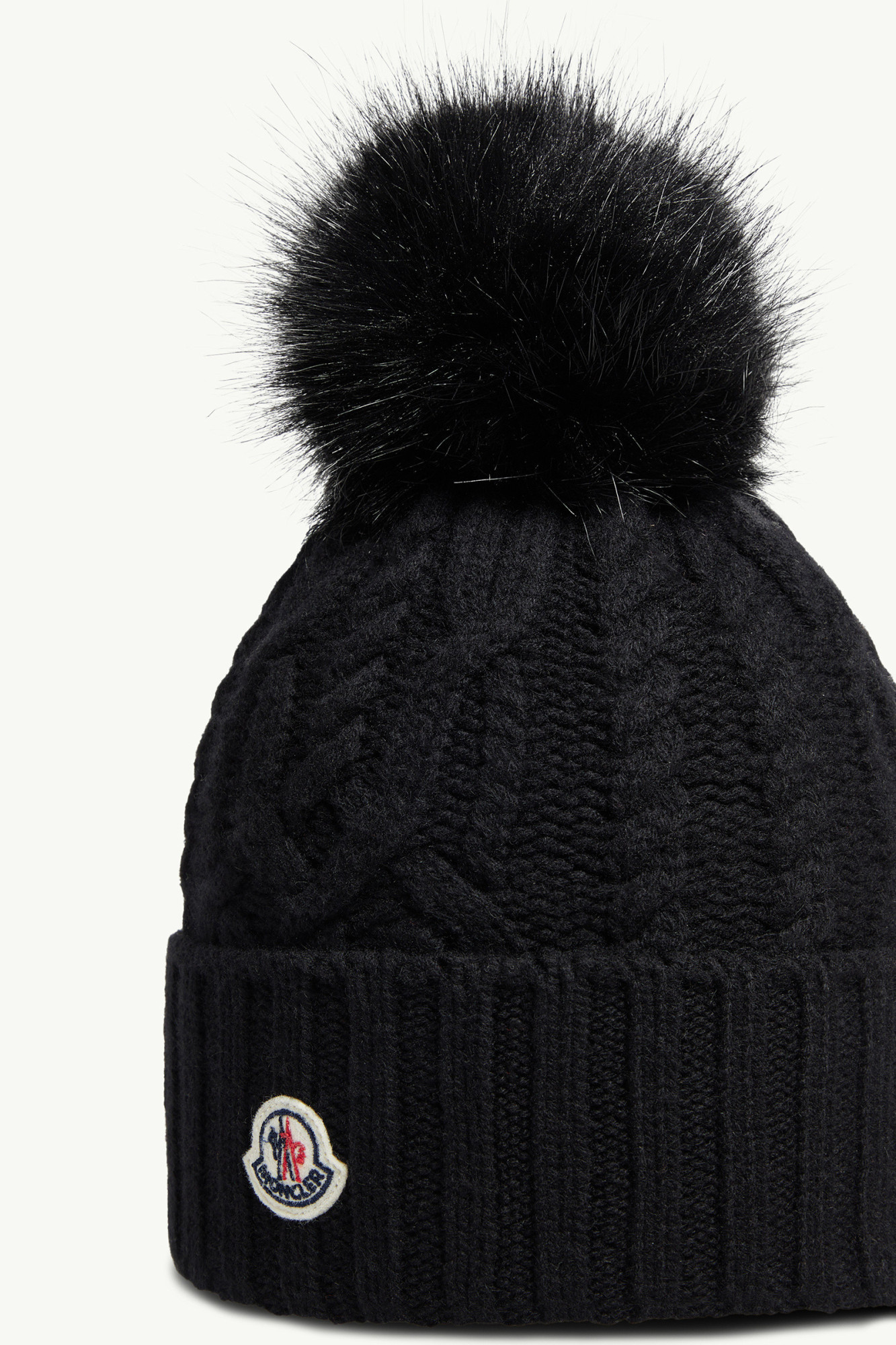 Moncler Ribbed Knit Wool Beanie With Faux Fur Pom-pom In Black