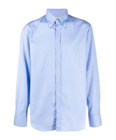 Brunello Cucinelli Plain Blue Cotton Shirt In Blue