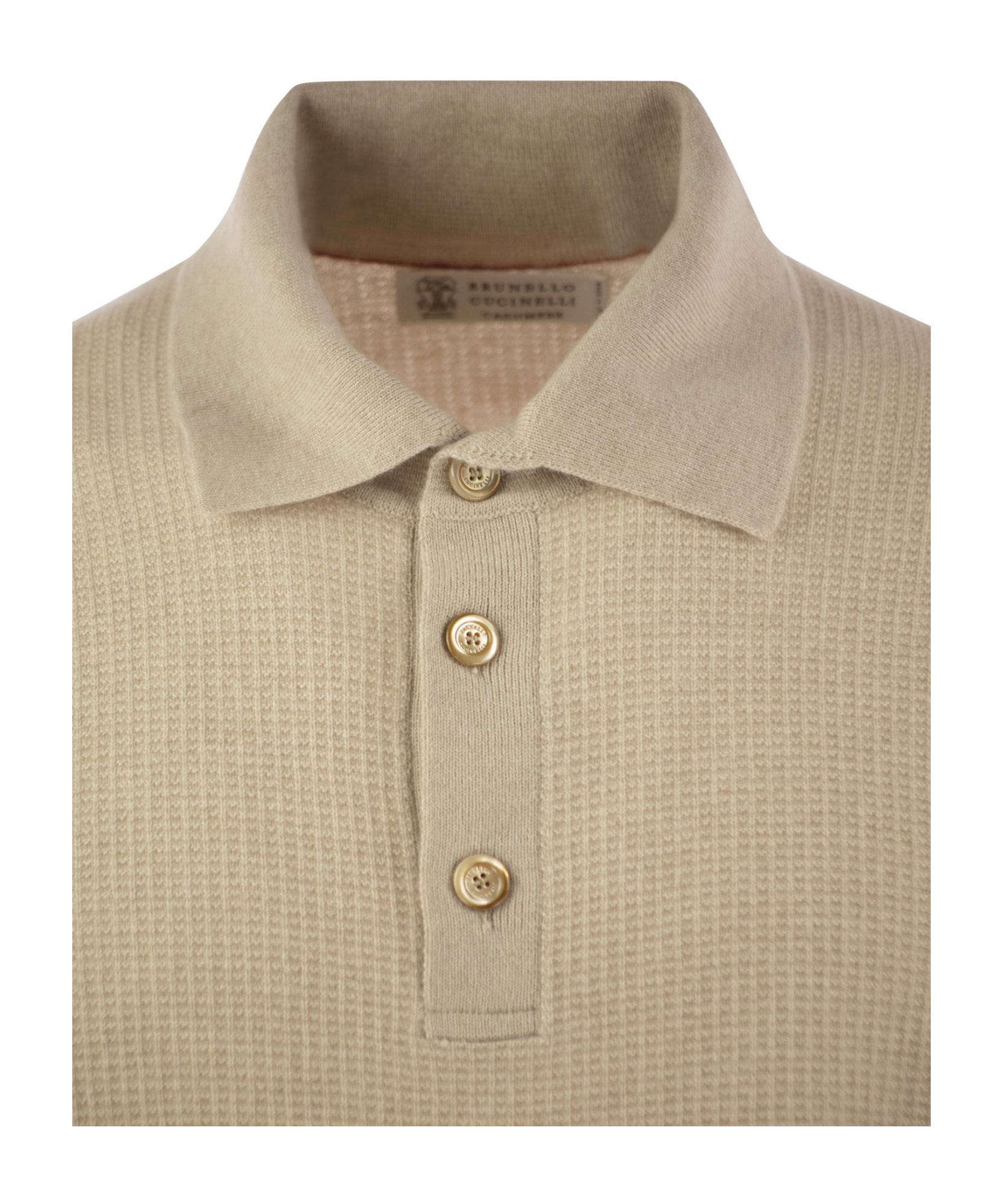 Brunello Cucinelli Men Waffle Stitch Cashmere Knit Polo Shirt With Long Sleeve In Nude