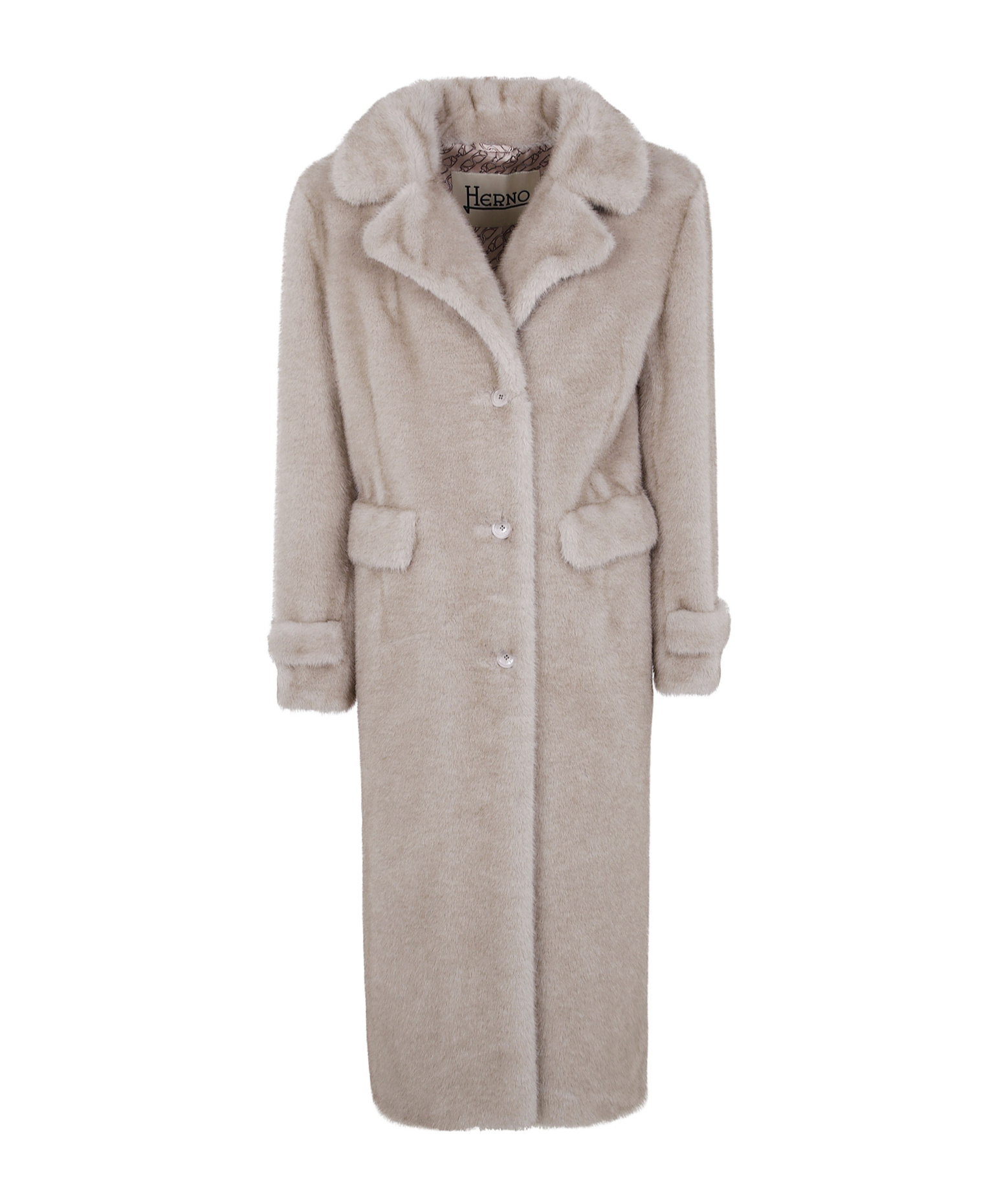 Herno Long Faux Fur Coat With Notched Lapels In Gray