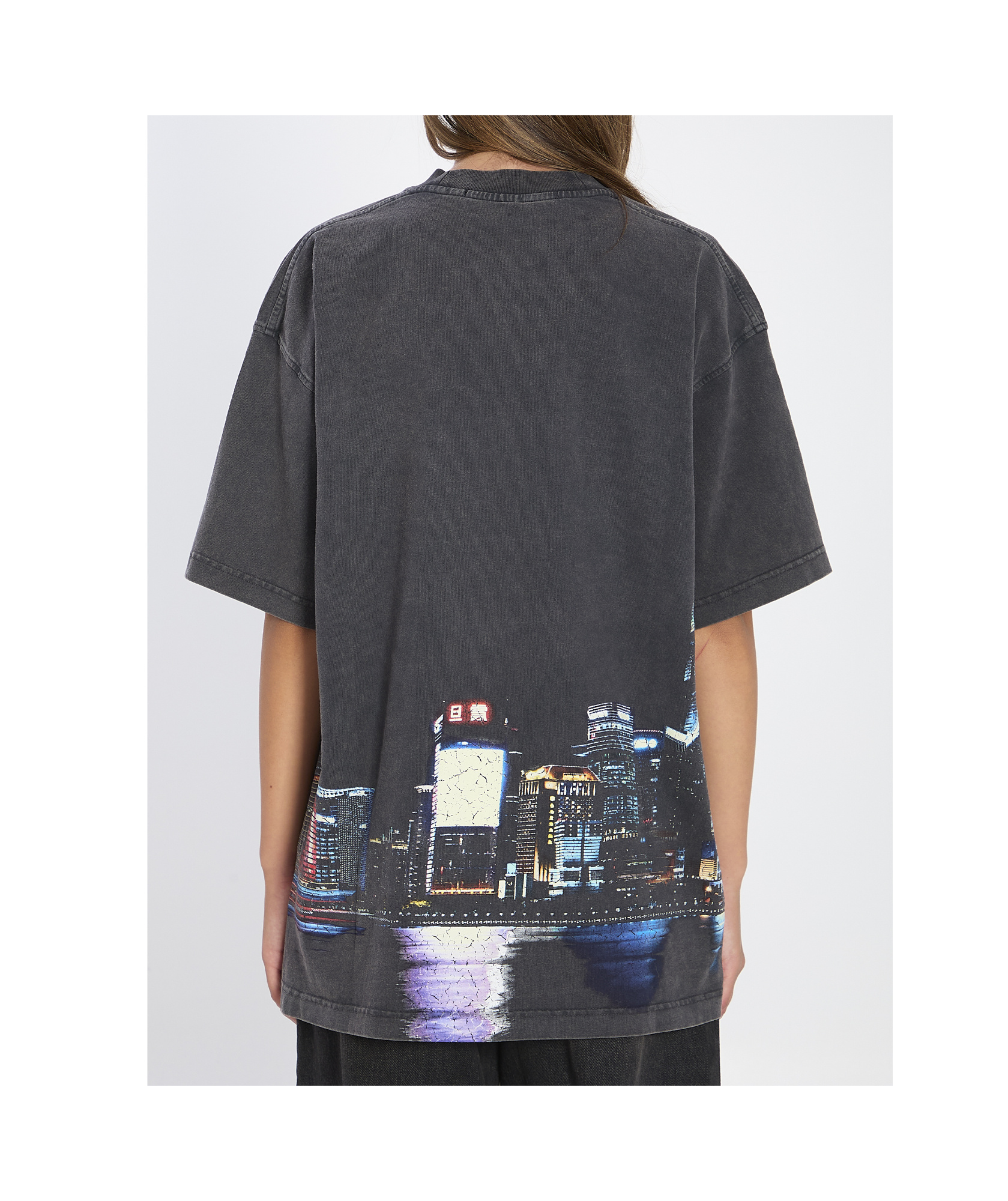 Alexander Wang Women T-shirt With Thermo-applied Rhinestones And Shanghai Skyline In Blue