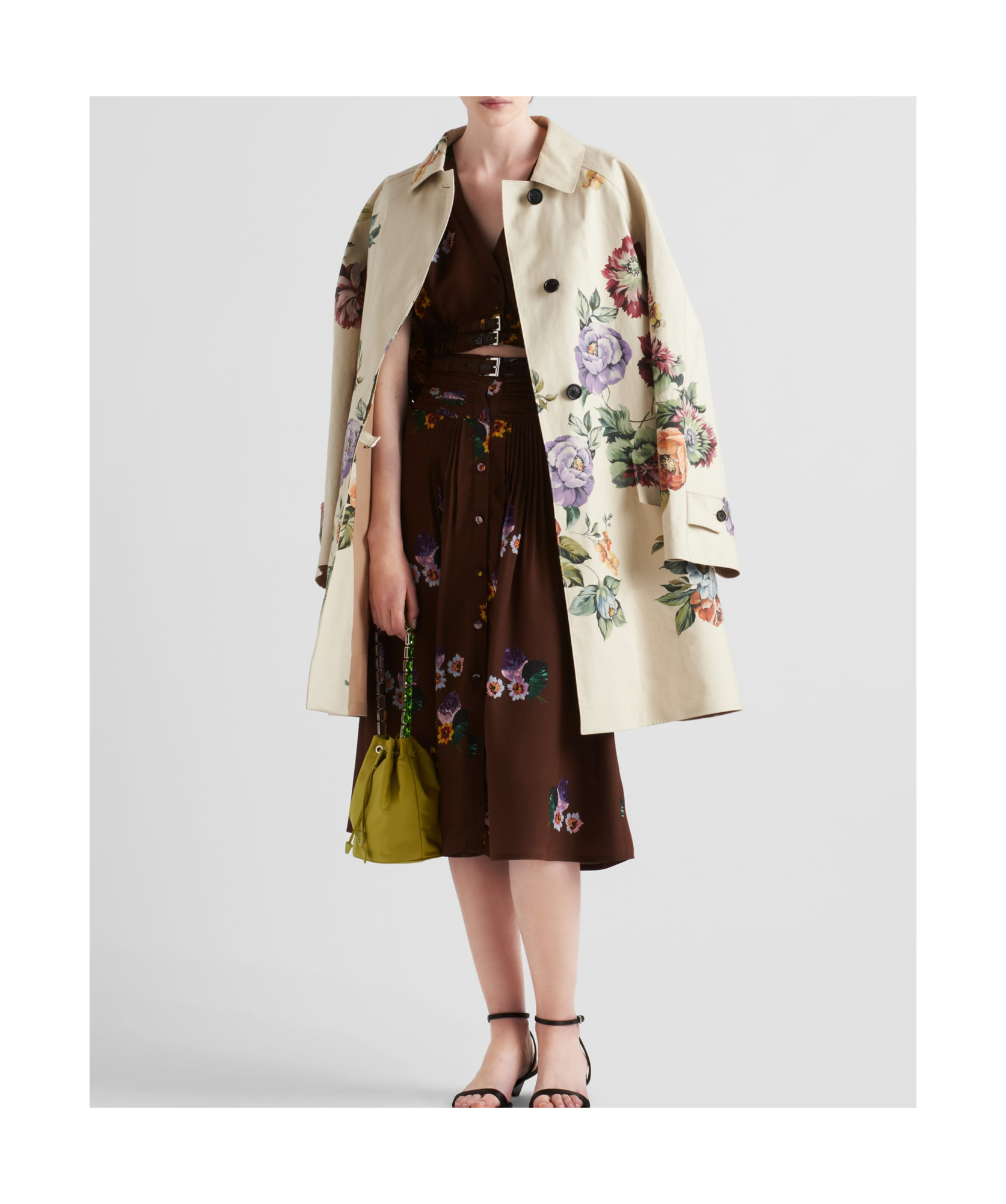 Prada Grey Floral-print Single-breasted Coat In Yellow