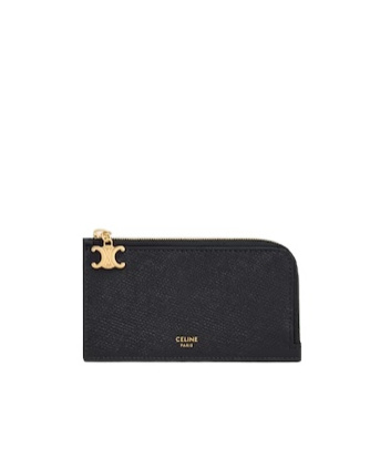 Celine Long Zipped Card Holder In Grained Calfskin In Black