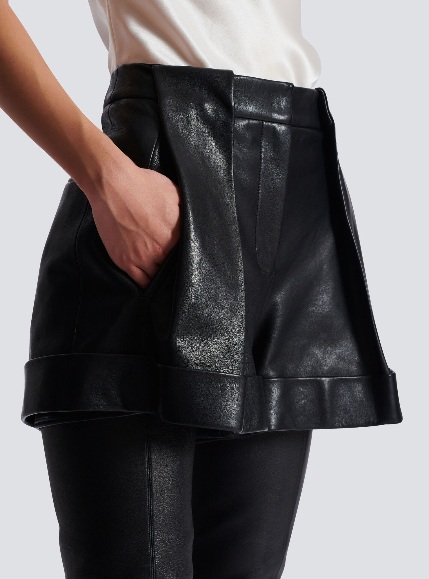 Balmain Lambskin Pleated Shorts In Black