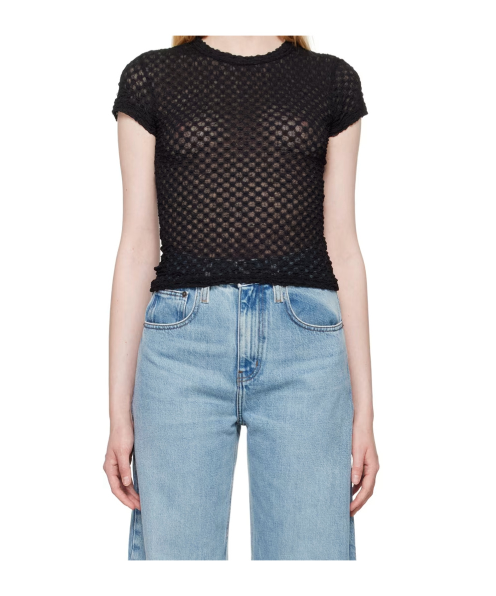 Frame Mesh Lace Round-neck Top In Black