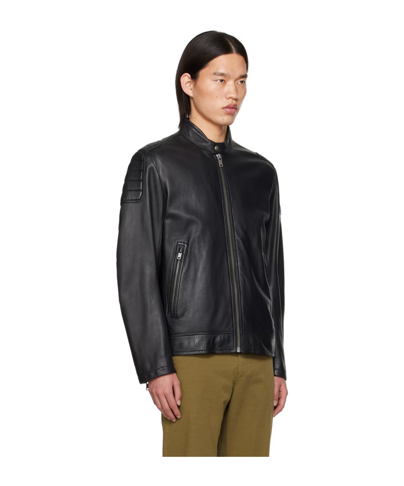 Hugo Boss Leather Jacket With Zipper Front In Black