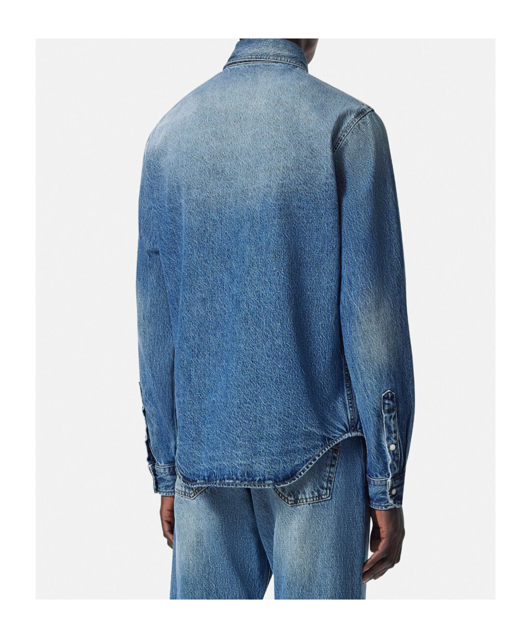 Versace Indigo Blue Washed Denim Shirt With Embossed Logo